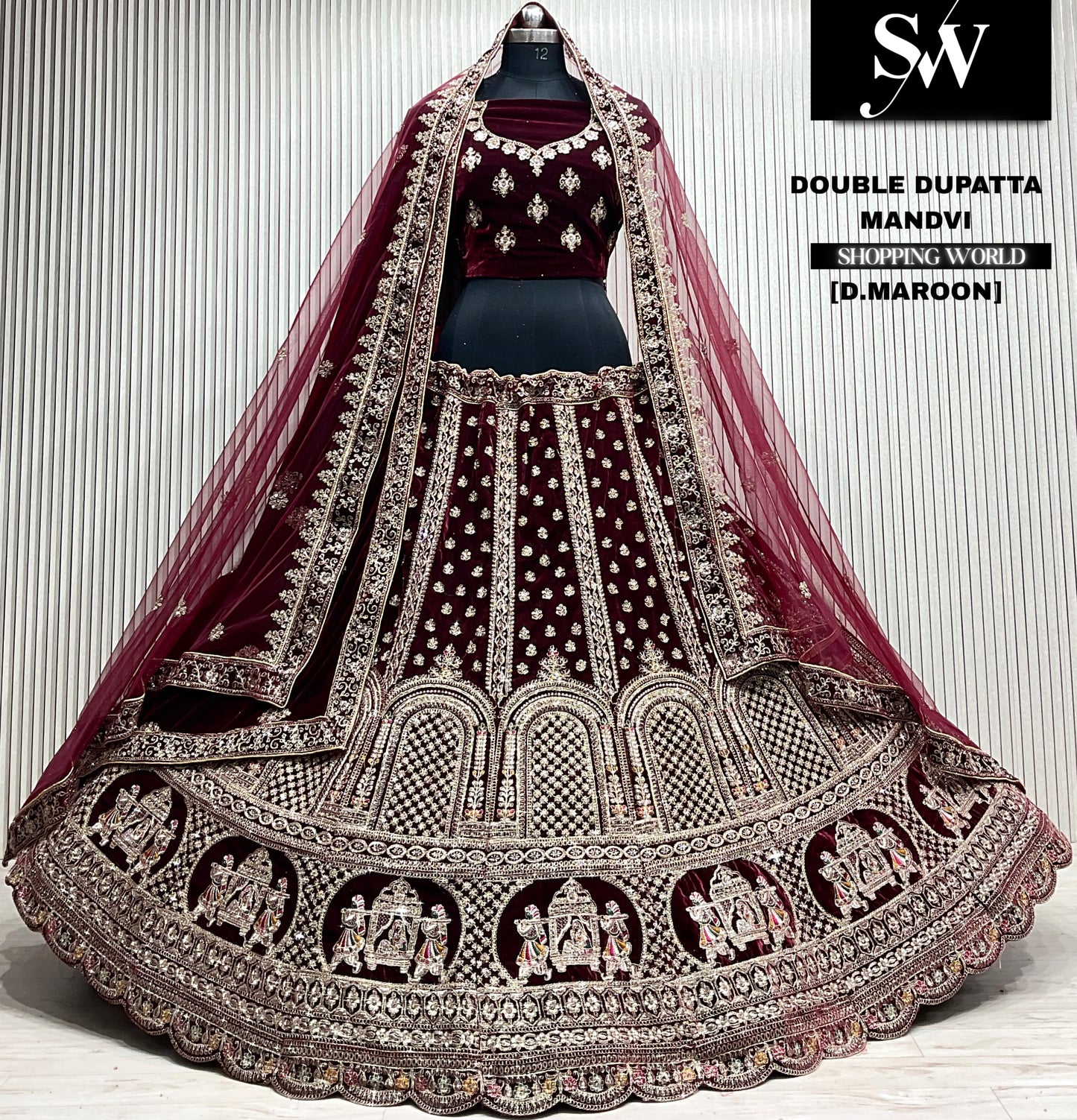 L.maroon velvet bridal double dupatta Lehenga
