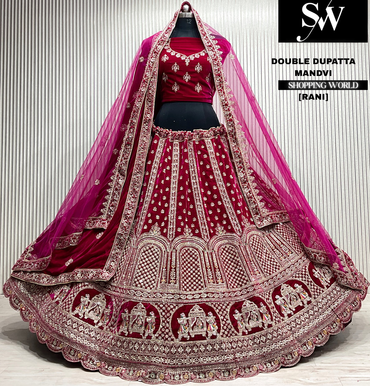 D.maroon velvet bridal double dupatta Lehenga
