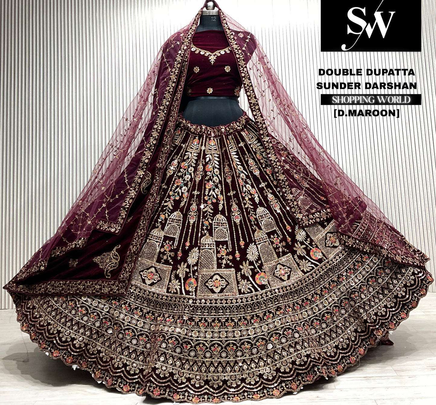 L.maroon velvet bridal double dupatta Lehenga