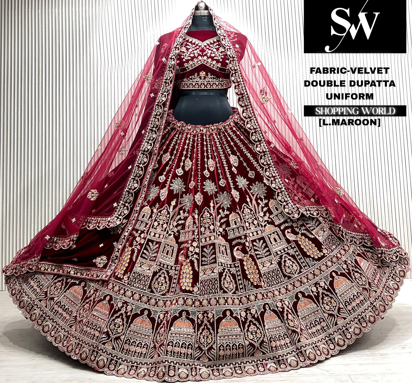 D.maroon velvet bridal double dupatta Lehenga
