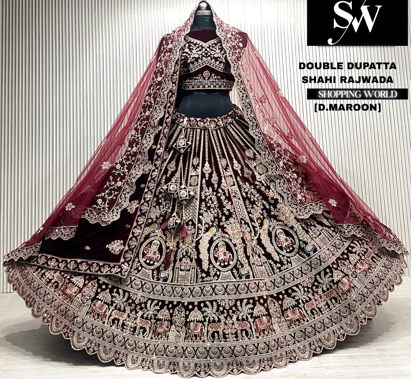 D.maroon velvet bridal double dupatta Lehenga