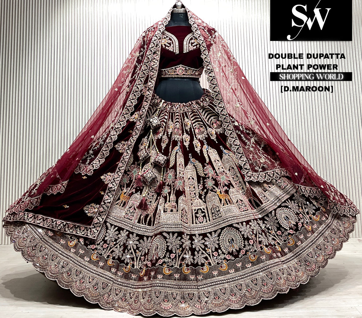 Rani pink velvet bridal double dupatta Lehenga