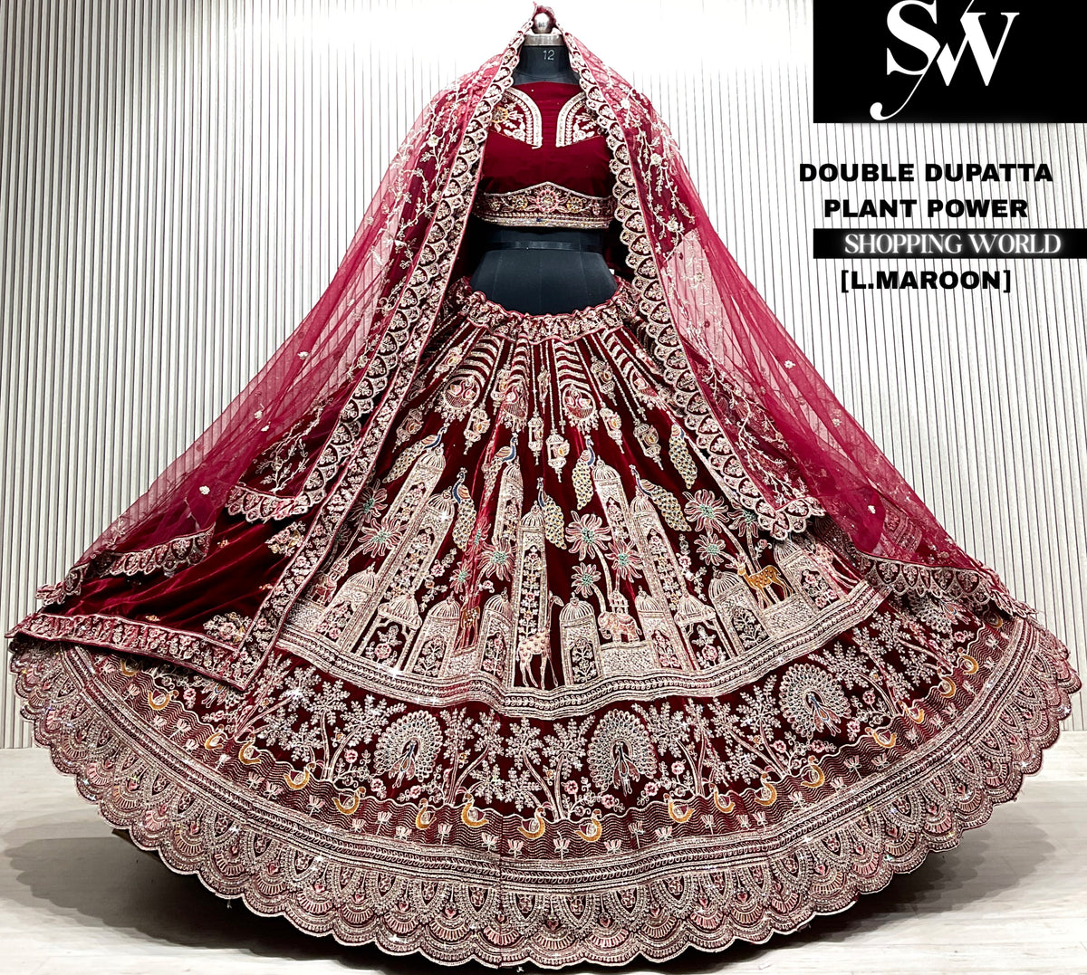 D.maroon velvet bridal double dupatta Lehenga
