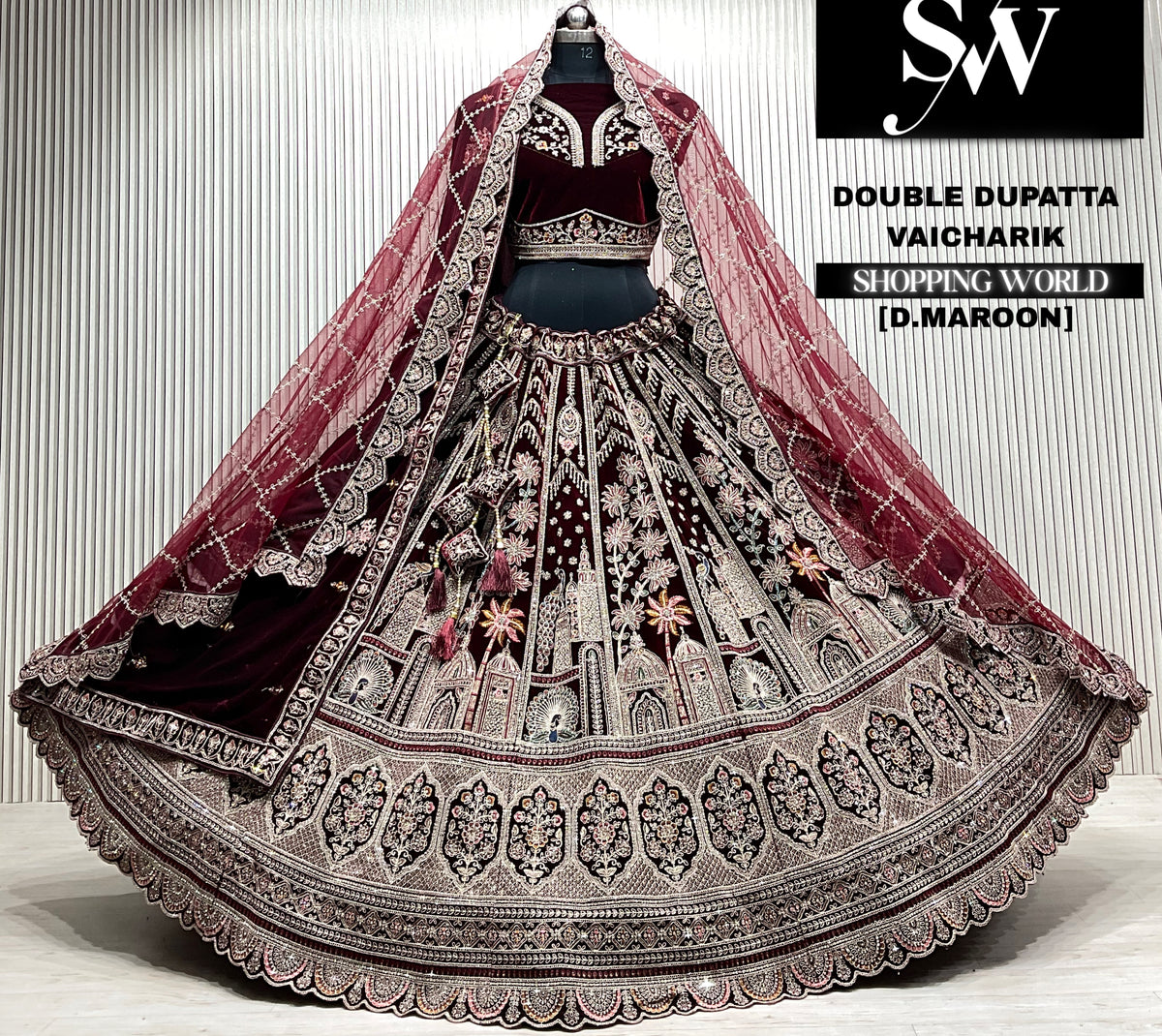 L.maroon velvet bridal double dupatta Lehenga