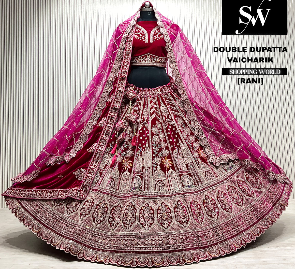 D.maroon velvet bridal double dupatta Lehenga