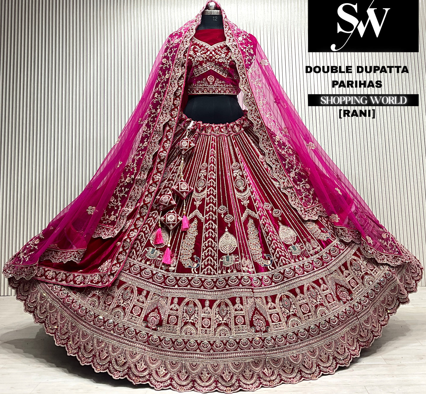 D.maroon velvet bridal double dupatta Lehenga