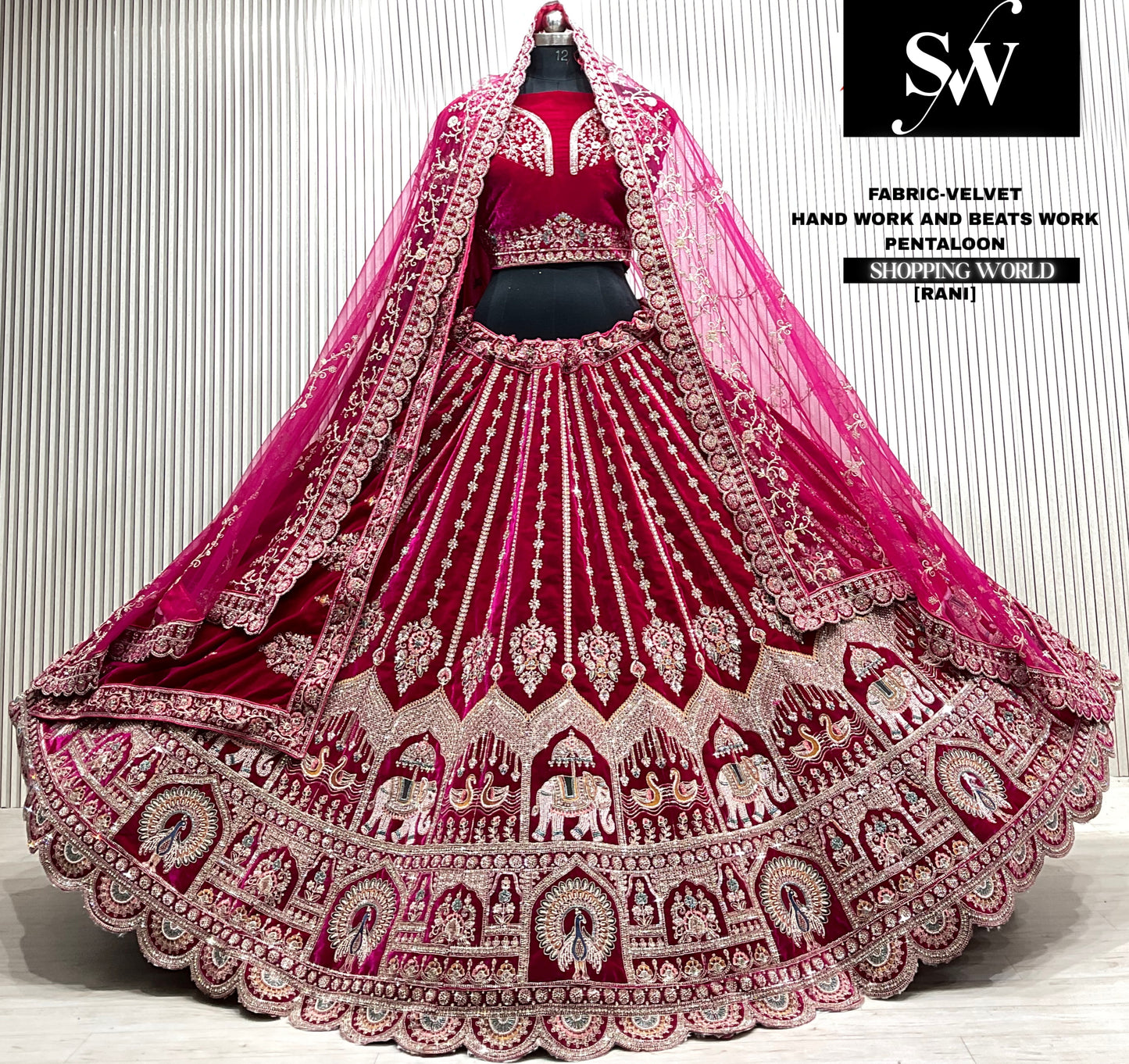 D.maroon velvet bridal double dupatta Lehenga