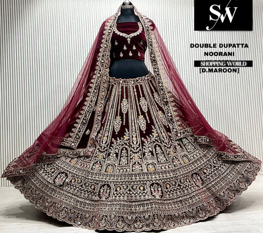 Rani pink velvet bridal double dupatta Lehenga
