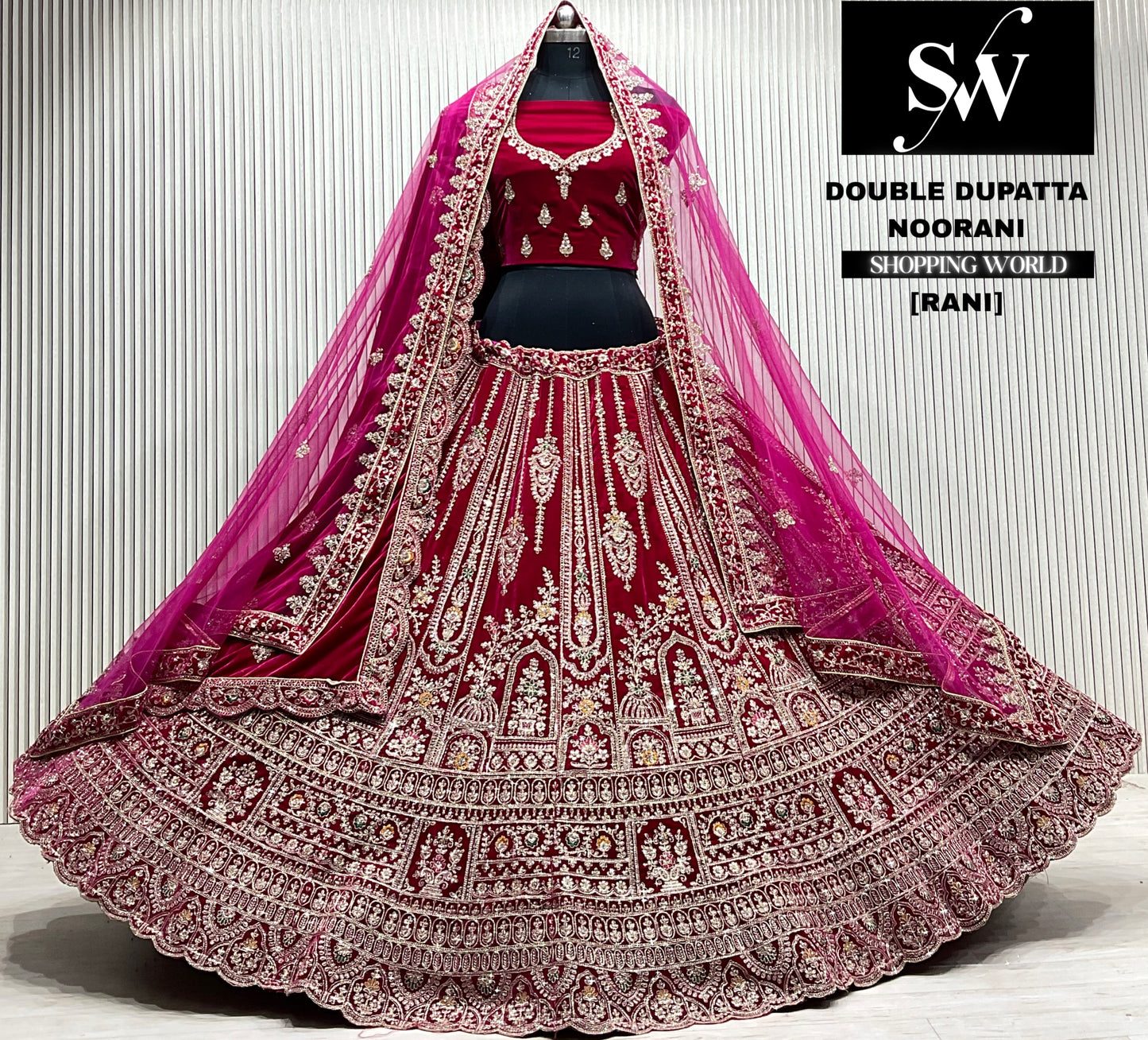 L.maroon velvet bridal double dupatta Lehenga