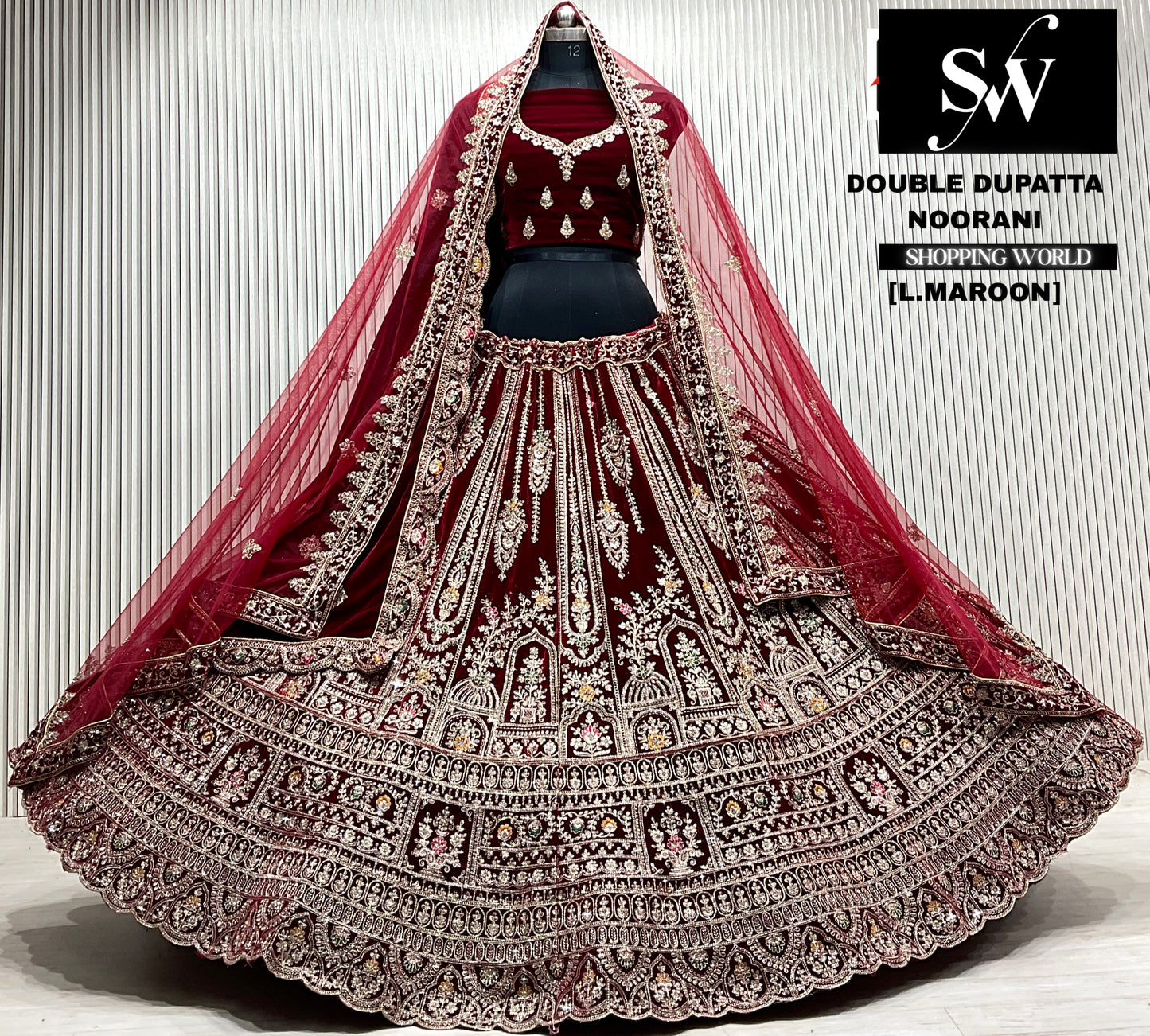 D.maroon velvet bridal double dupatta Lehenga