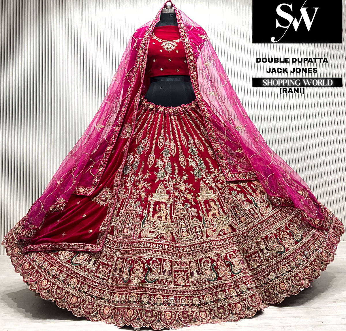 D.maroon velvet bridal double dupatta Lehenga