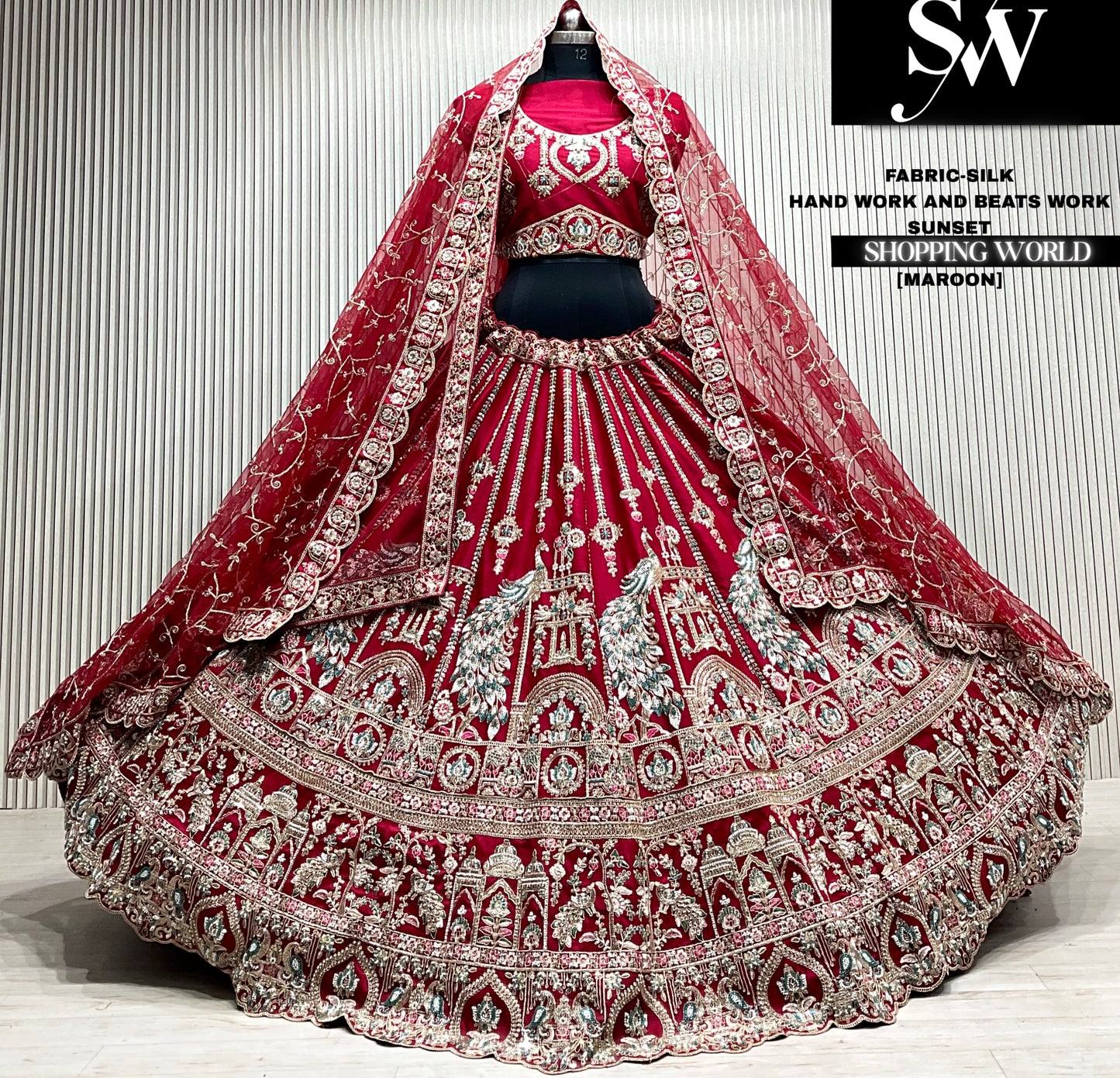 Rani pink velvet bridal double dupatta Lehenga