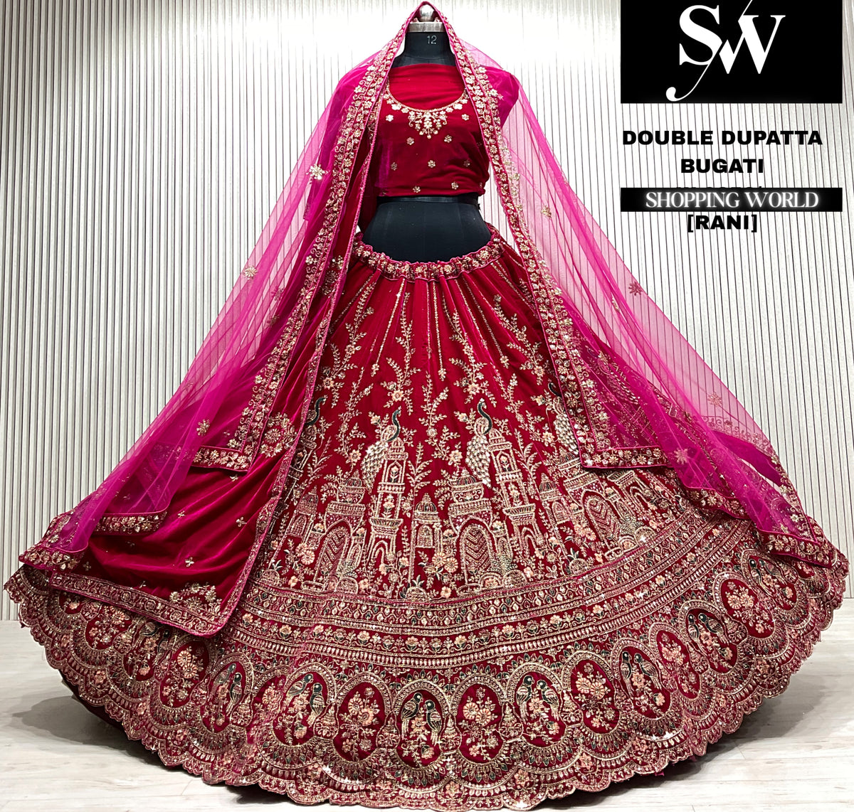 D.maroon velvet bridal double dupatta Lehenga