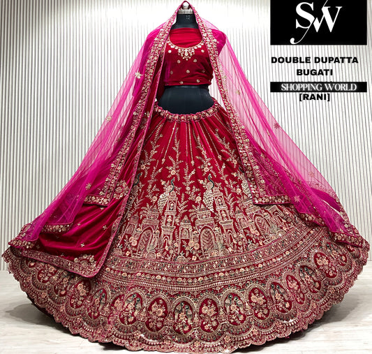 L.maroon velvet bridal double dupatta Lehenga