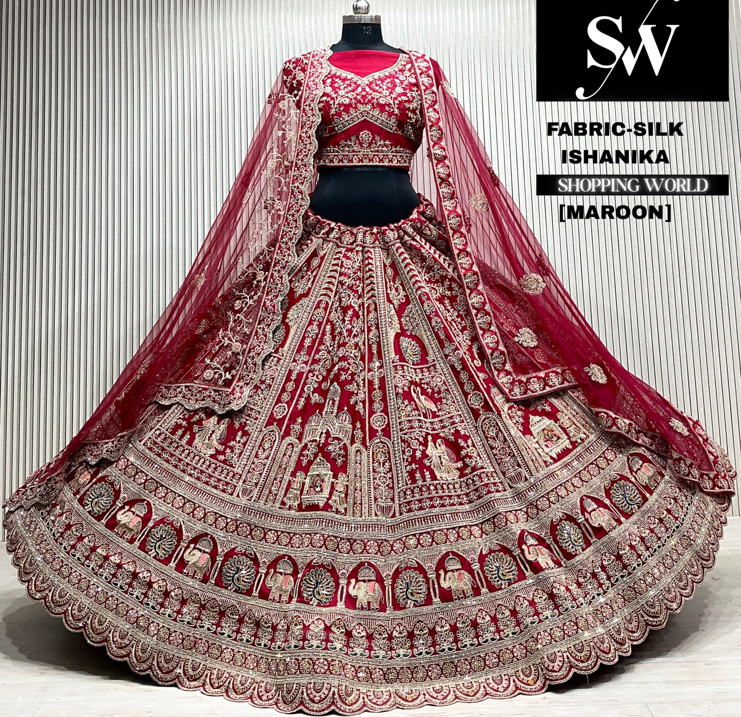 Pink velvet bridal double dupatta Lehenga