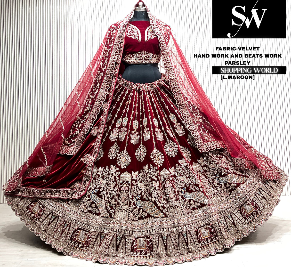 D.maroon velvet bridal double dupatta Lehenga