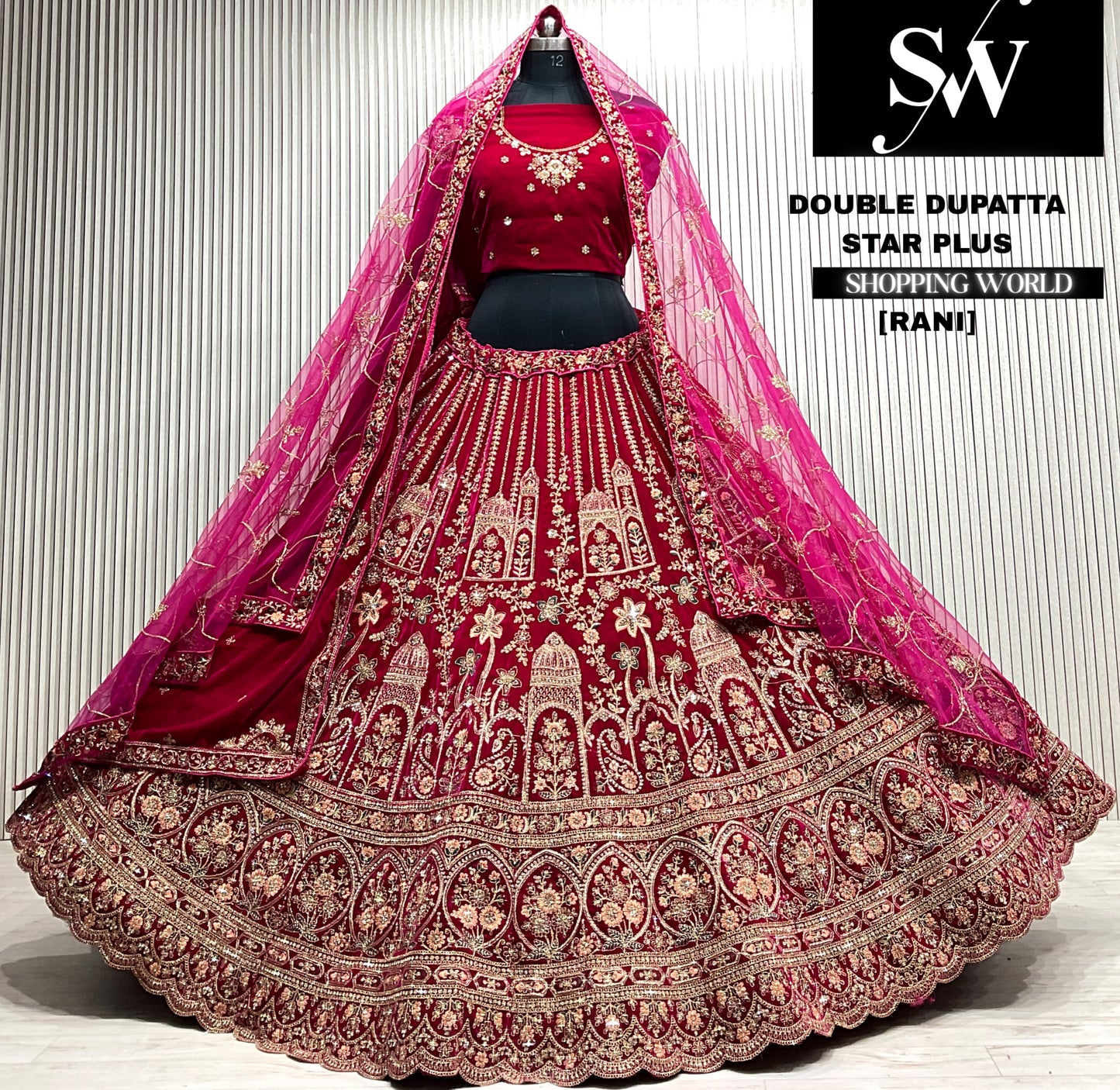 D.maroon velvet bridal double dupatta Lehenga