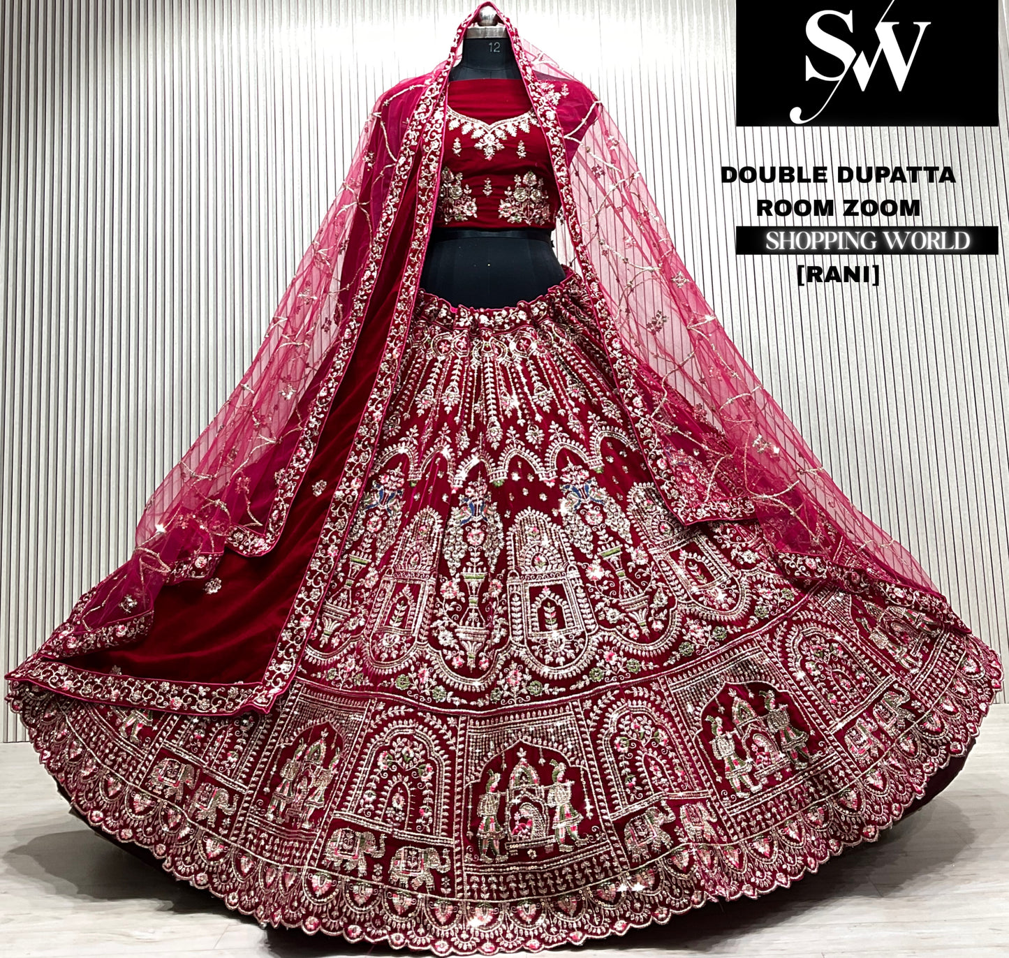 D.maroon velvet bridal double dupatta Lehenga