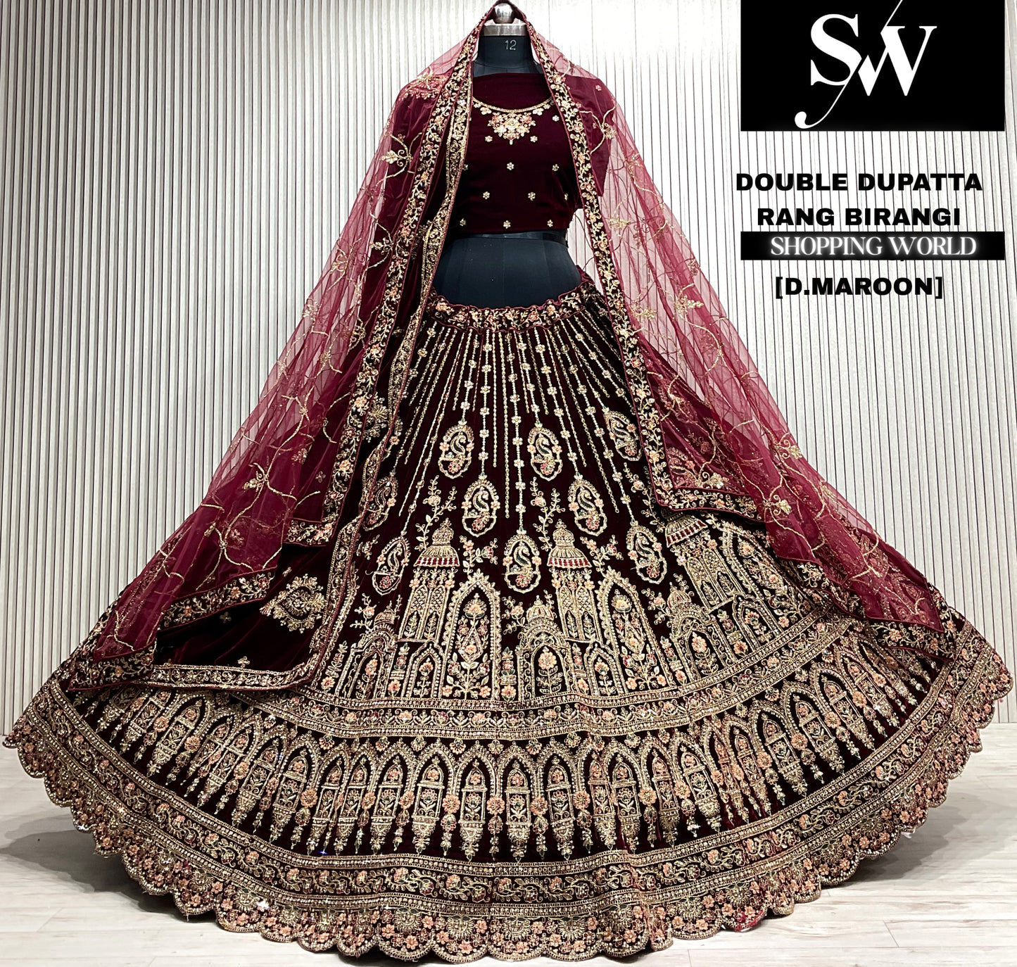 Rani pink velvet bridal double dupatta Lehenga