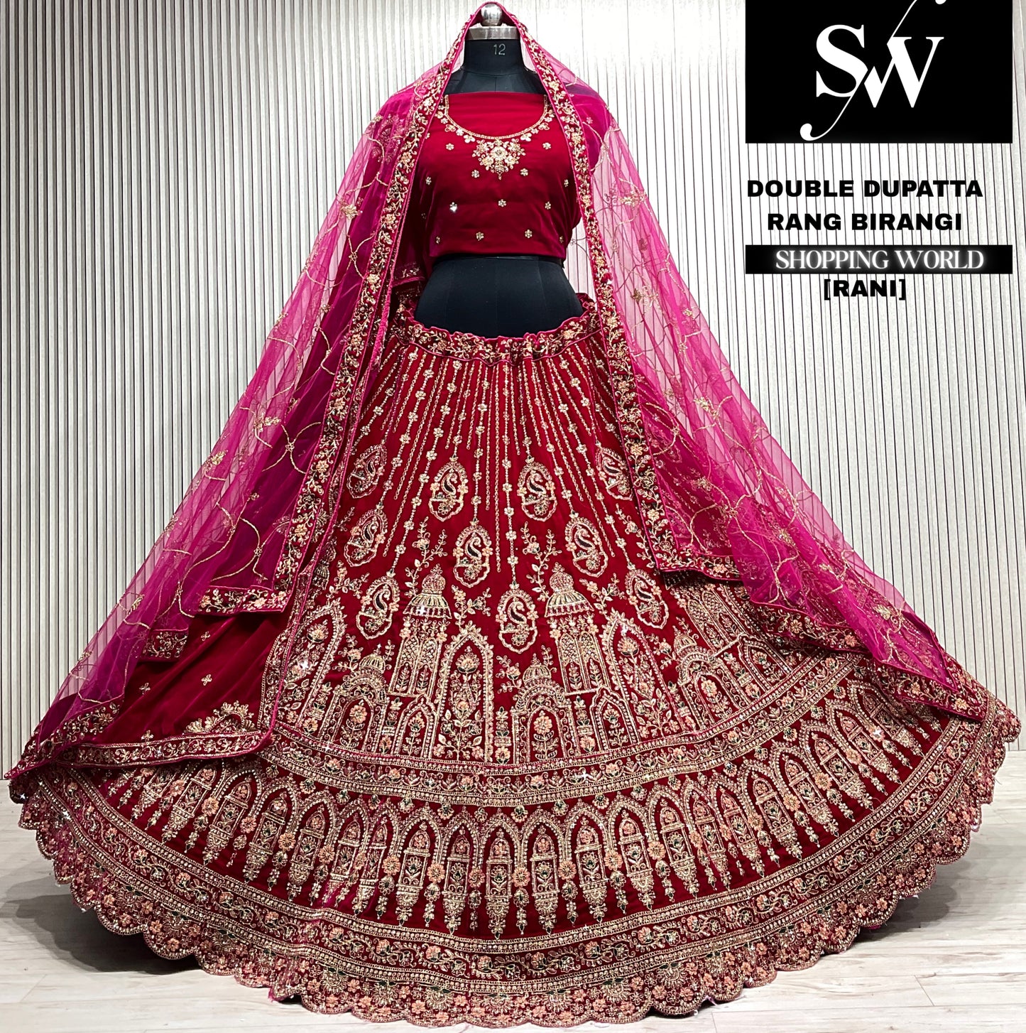 D.maroon velvet bridal double dupatta Lehenga