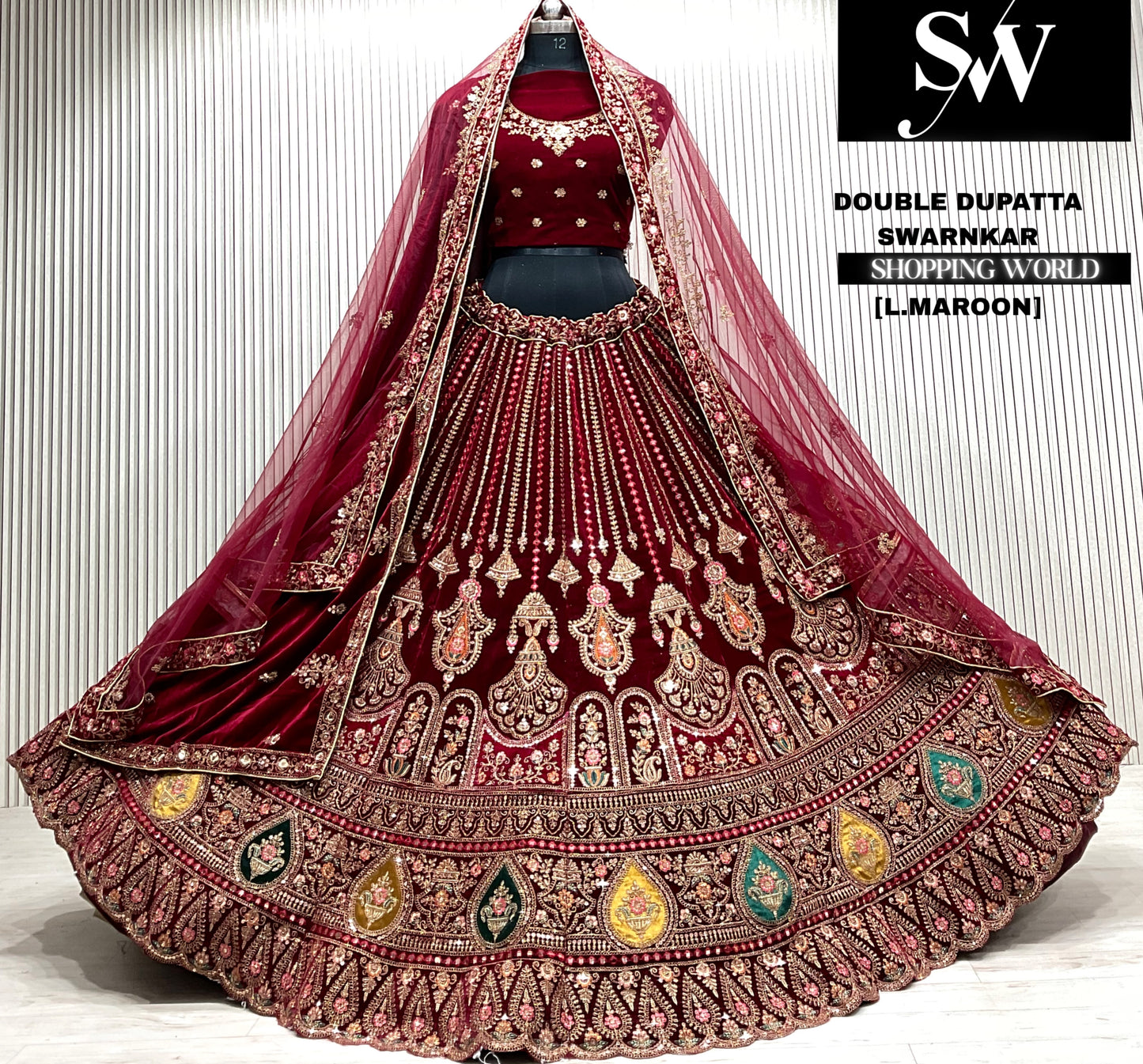 Rani pink velvet bridal double dupatta Lehenga