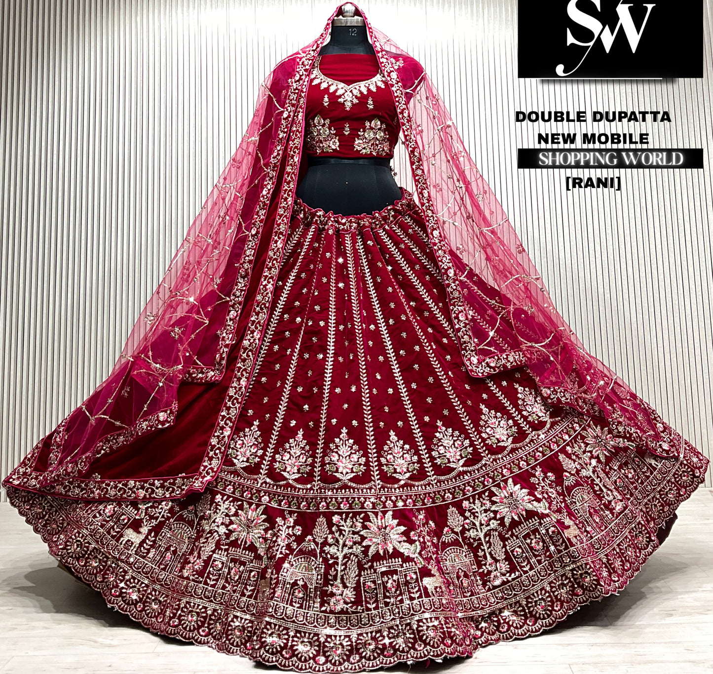 D.maroon velvet bridal double dupatta Lehenga