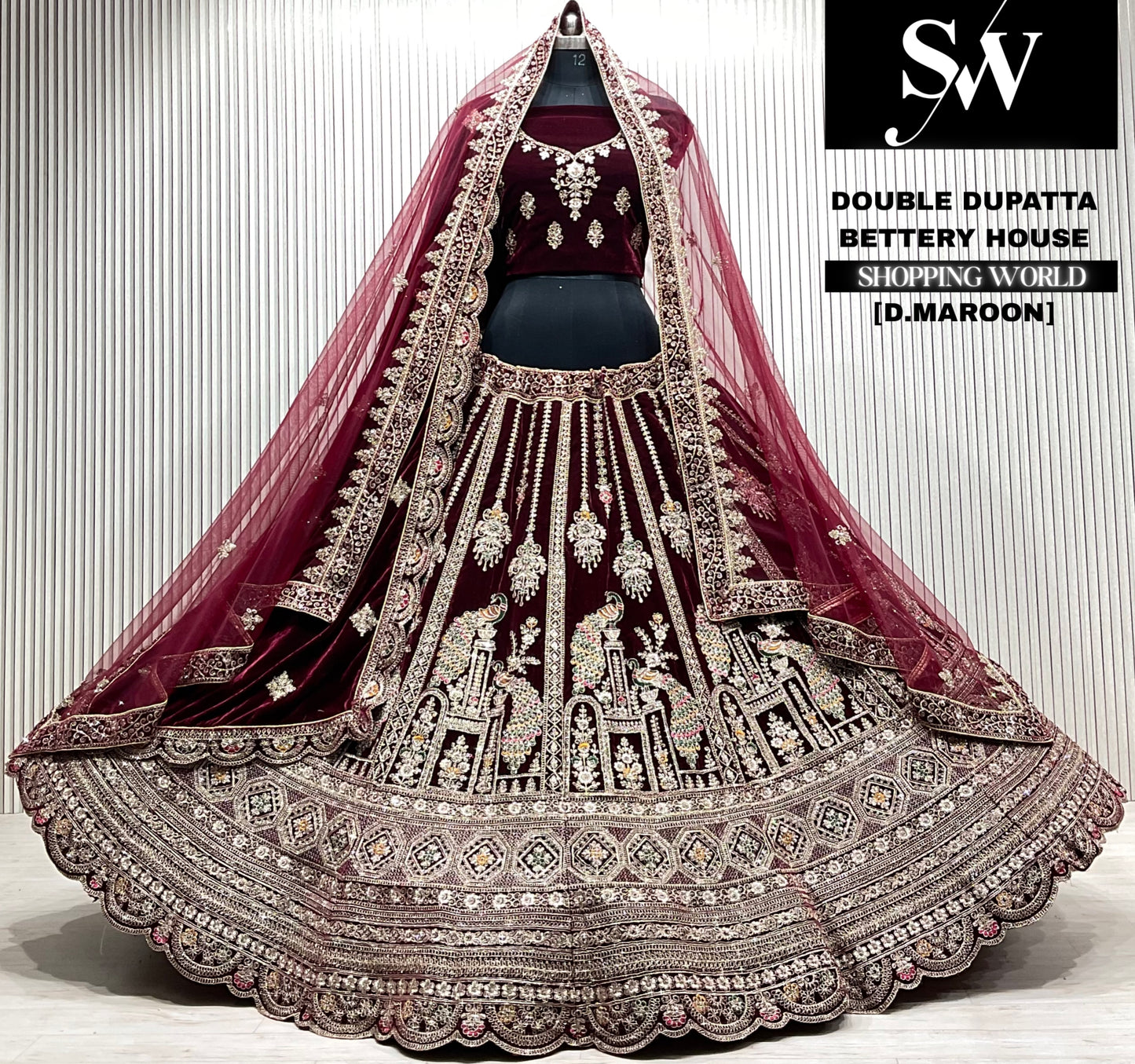 Rani pink velvet bridal double dupatta Lehenga