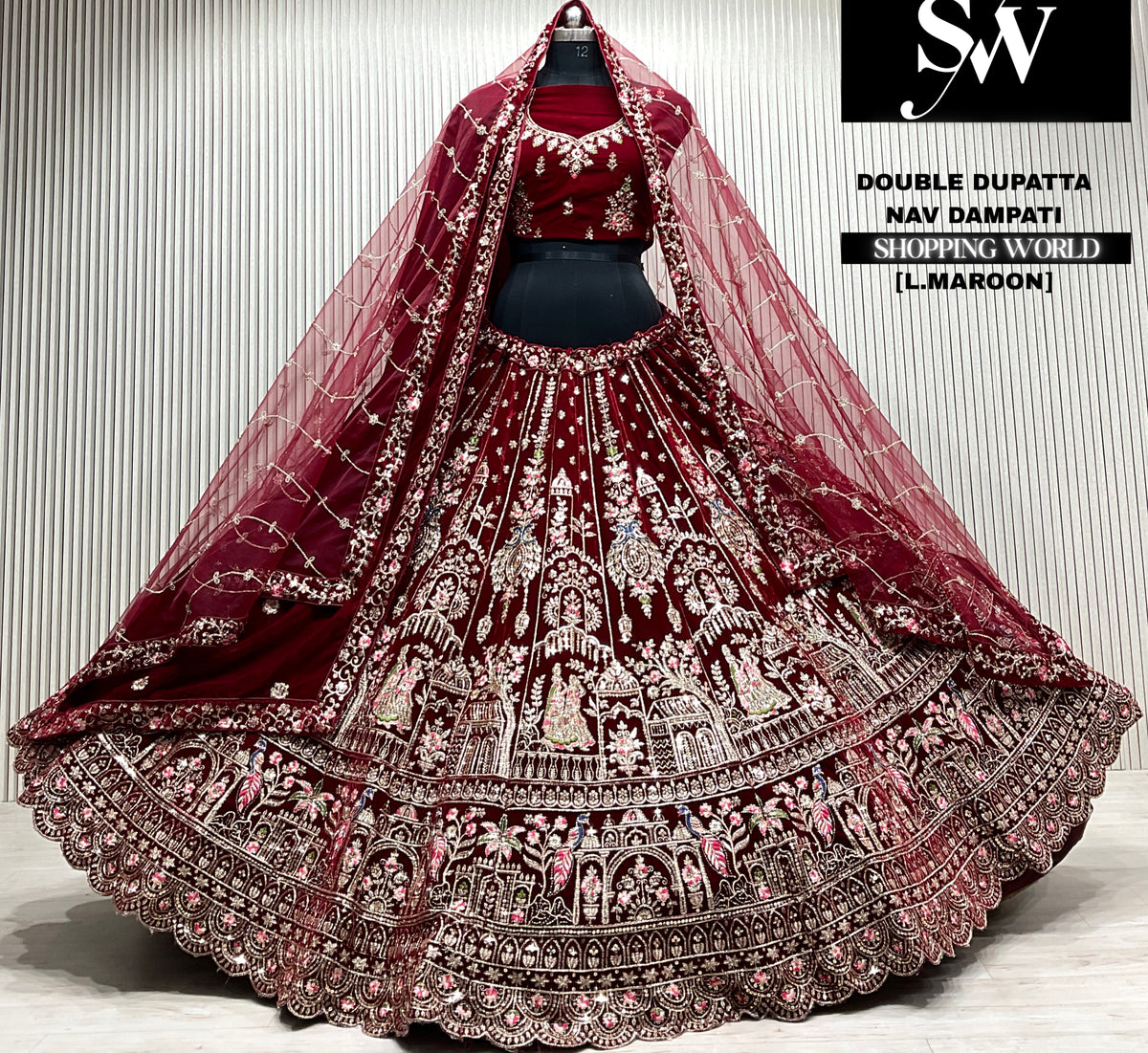 D.maroon velvet bridal double dupatta Lehenga