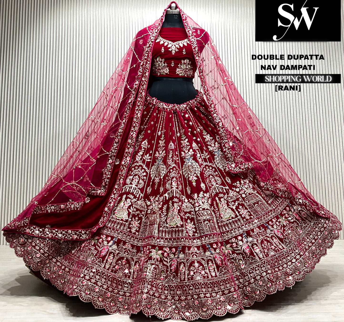 L.maroon velvet bridal double dupatta Lehenga