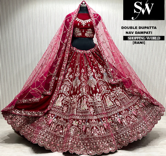 D.maroon velvet bridal double dupatta Lehenga