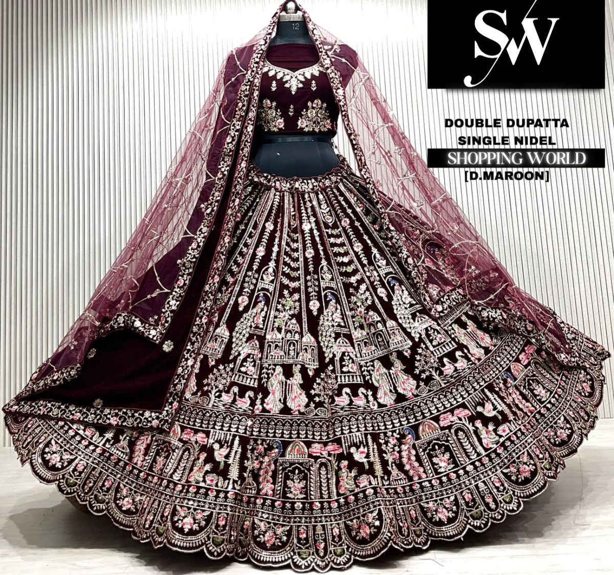 L.maroon double dupatta Lehenga