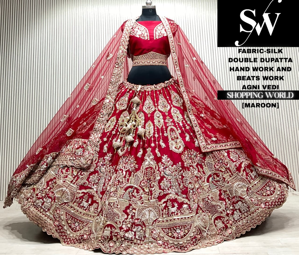 Red silk bridal double dupatta Lehenga