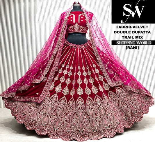 L.maroon velvet bridal double dupatta Lehenga