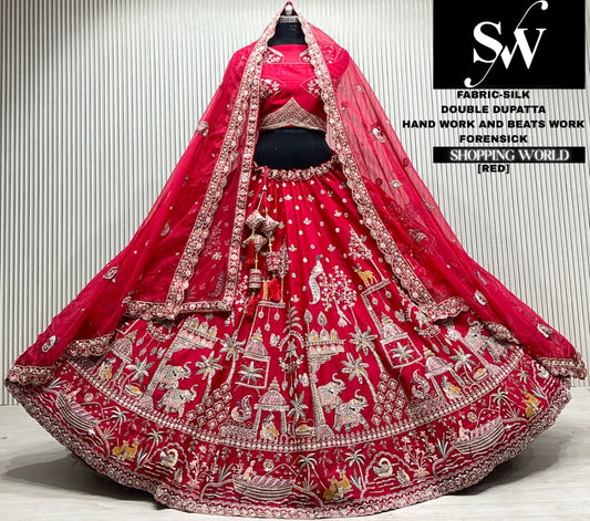 Rani pink silk bridal double dupatta Lehenga