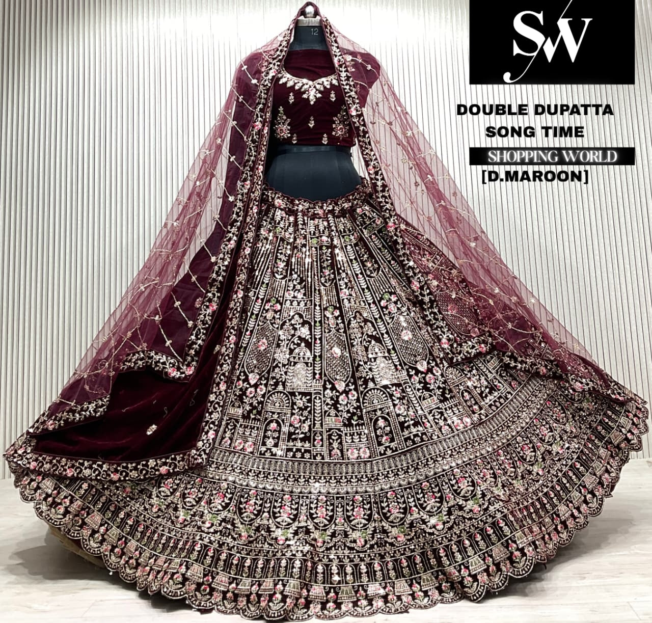 L.maroon bridal double dupatta Lehenga