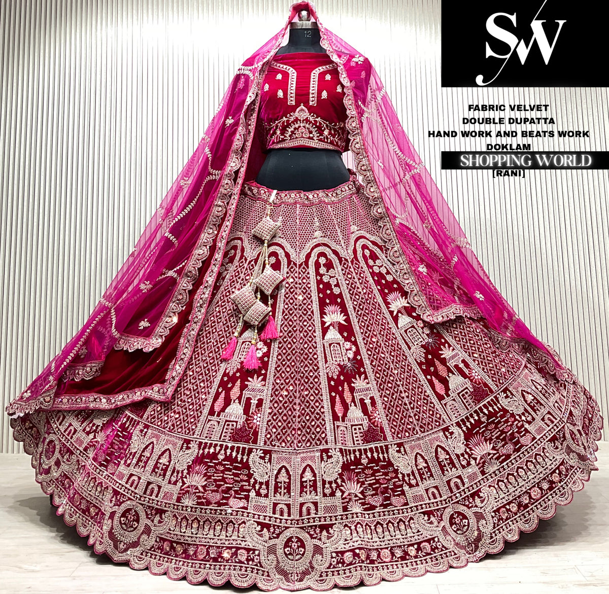 L.maroon velvet bridal double dupatta Lehenga