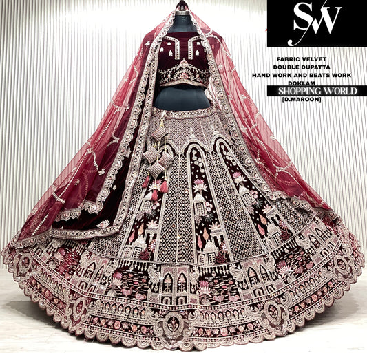 L.maroon velvet bridal double dupatta Lehenga