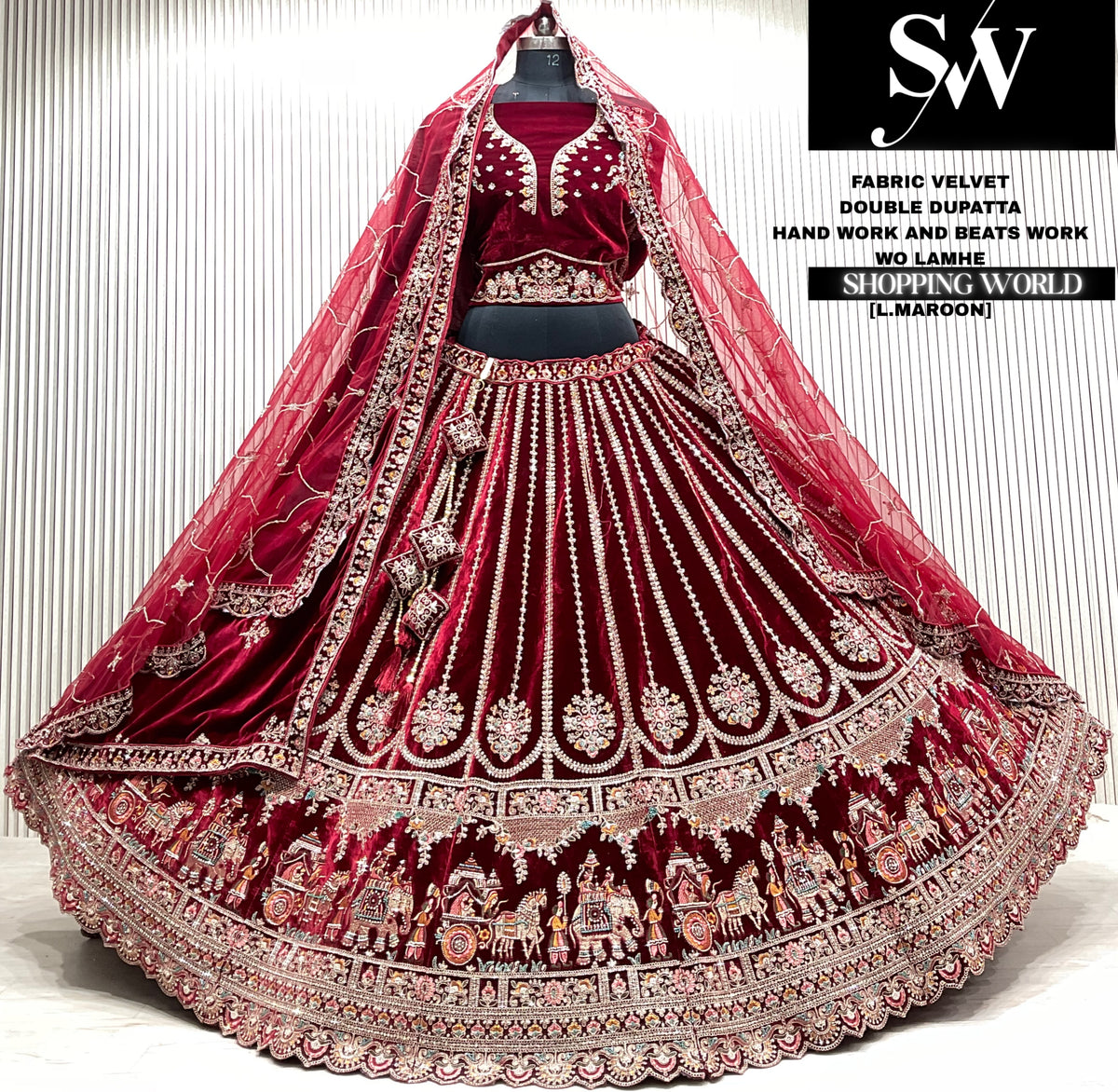Rani Pink velvet double dupatta Lehenga