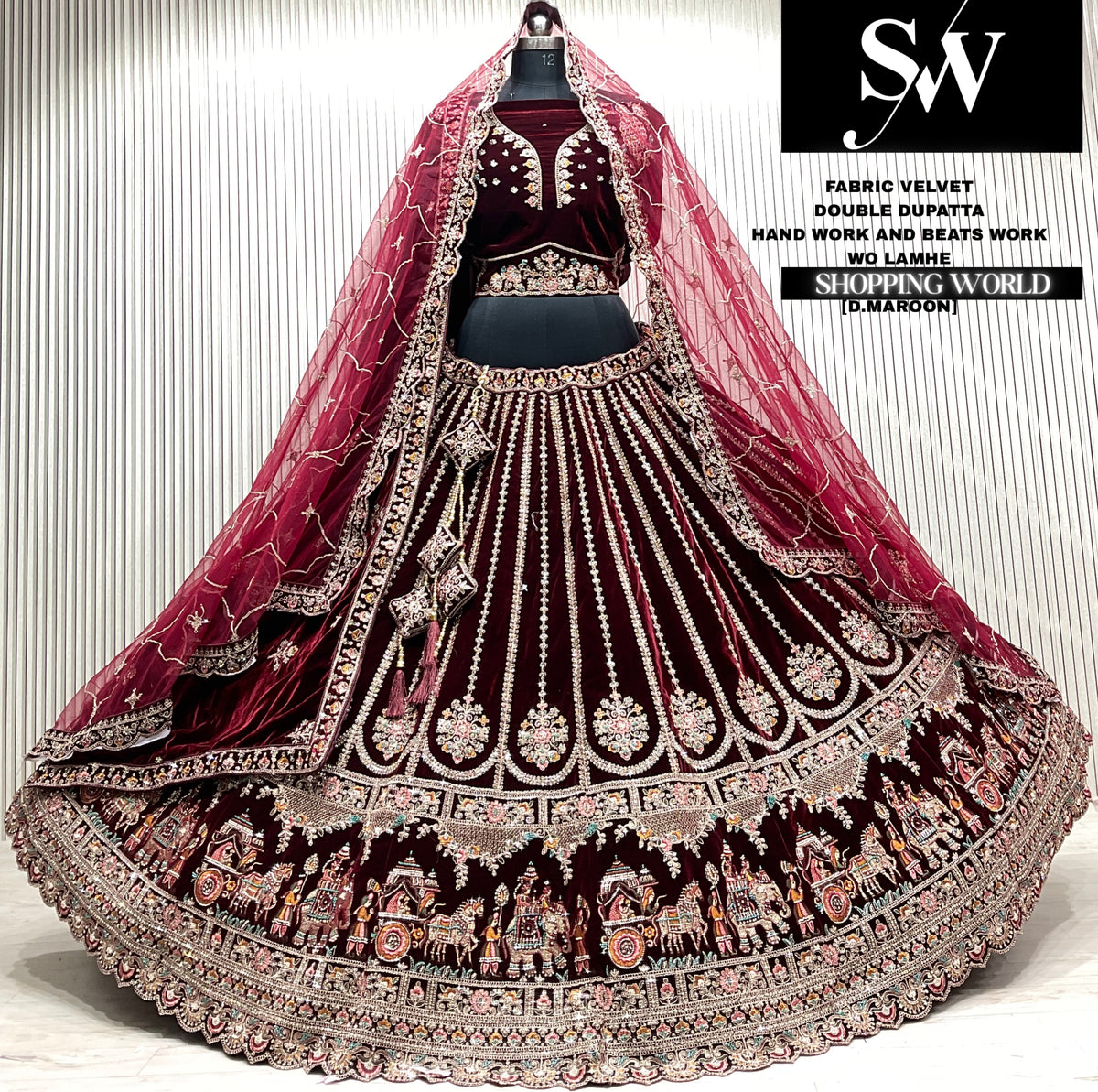 D.maroon velvet double dupatta Lehenga