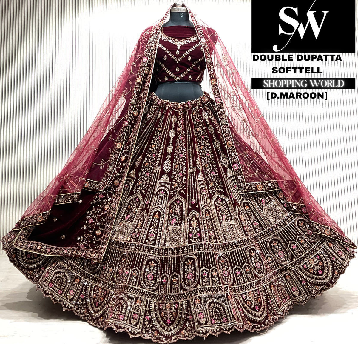 L.maroon bridal double dupatta Lehenga