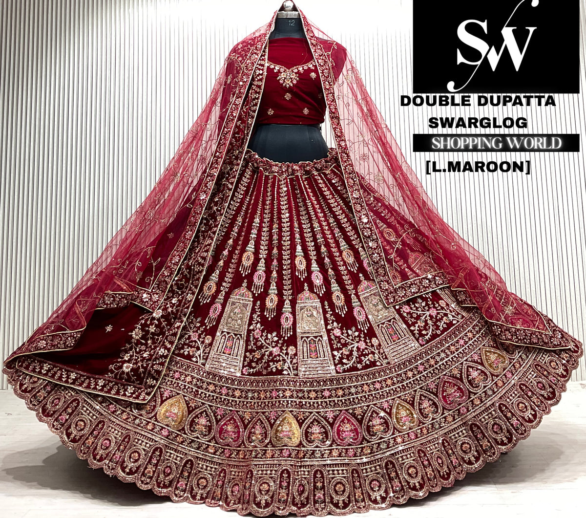 D.maroon bridal double dupatta Lehenga
