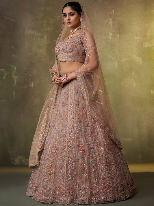 Pretty Beige Net Fabric Sequins Lehenga 6249