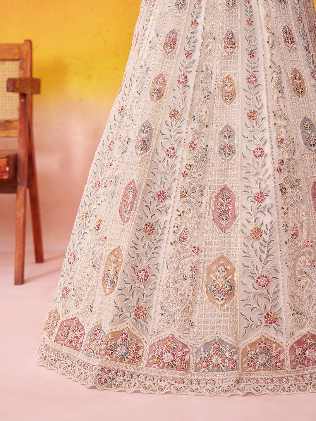 Pretty Beige Net Fabric Sequins Lehenga 6249