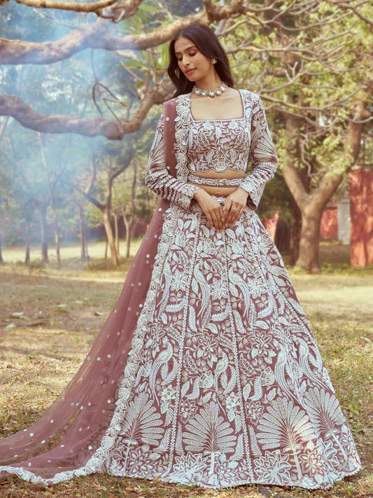 White Color Sequined-Threaded Satin Silk Heavy Embroidered Various Mot blue pink Lehenga