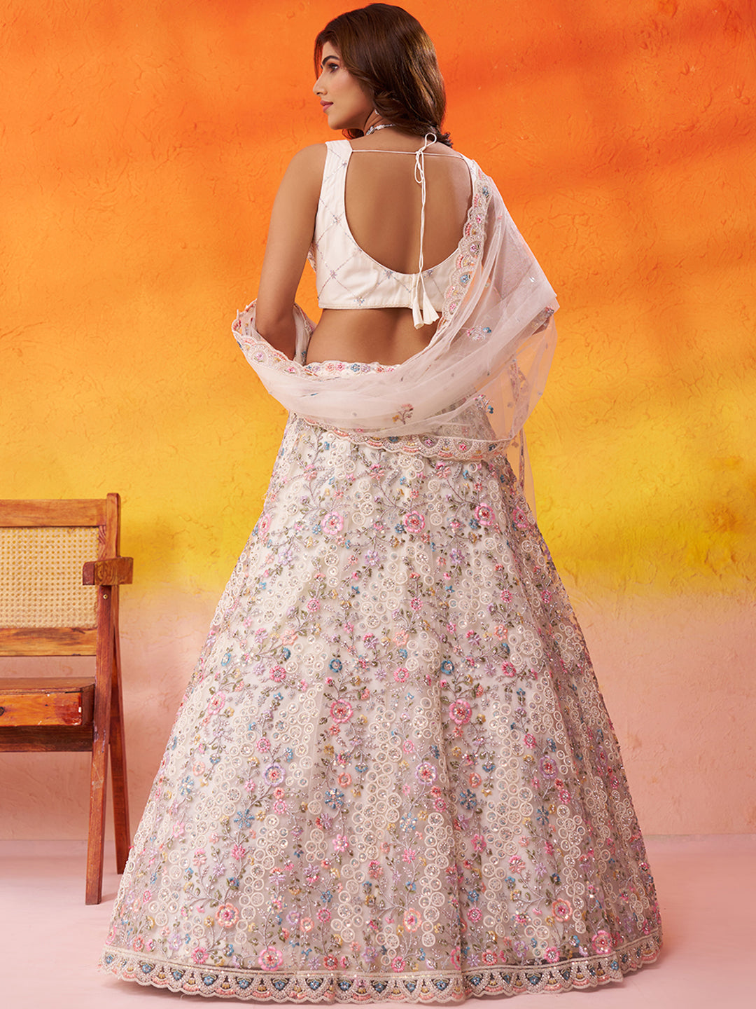 Lavishing Beige Net Fabric Sequins Lehenga 6270