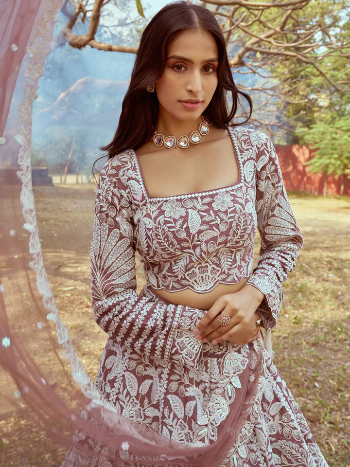 White Color Sequined-Threaded Satin Silk Heavy Embroidered Various Mot sky blue Lehenga