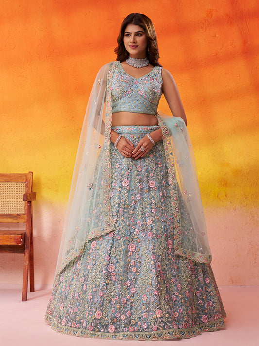 Pleasing Sea green Net Fabric Sequins Lehenga 6270