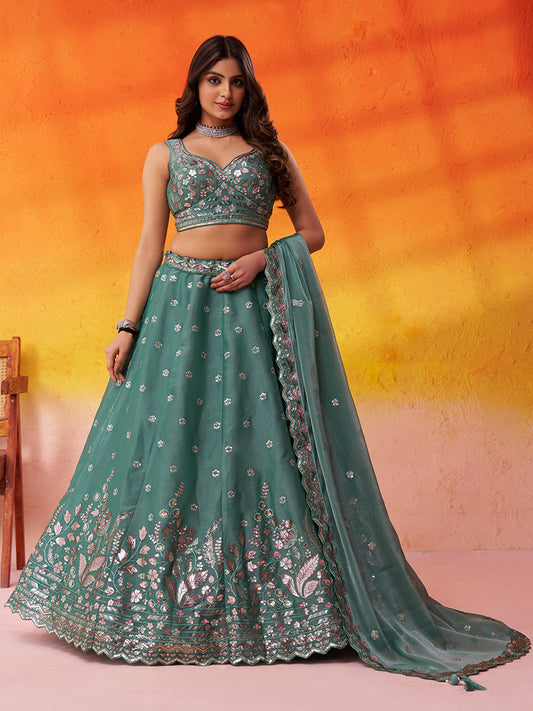 Elegant green Organza Fabric Sequins Lehenga 6287