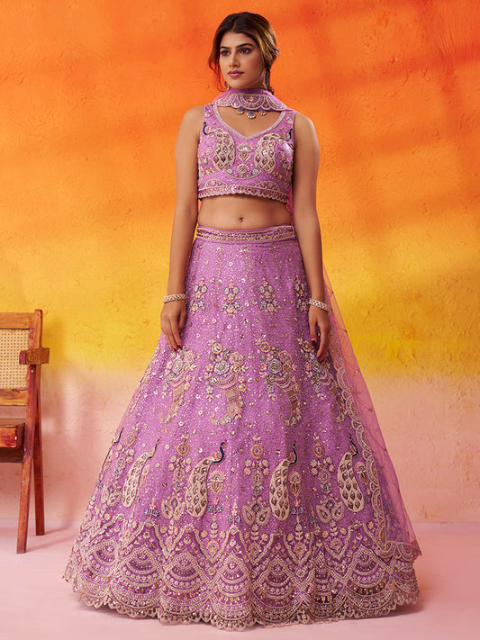 Designer Peacock Mauve Net Fabric Sequins Lehenga 6246