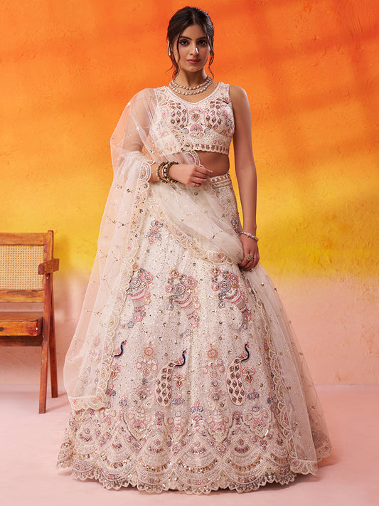 Tremendous Peacock Cream Net Fabric Sequins Lehenga 6246